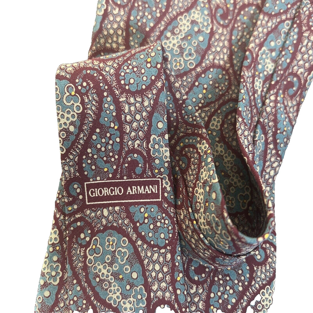 Men's Giorgio Armani Cravatte Tie 100% Silk Made In Italy Maroon Teal Whte - Picture 2 of 6